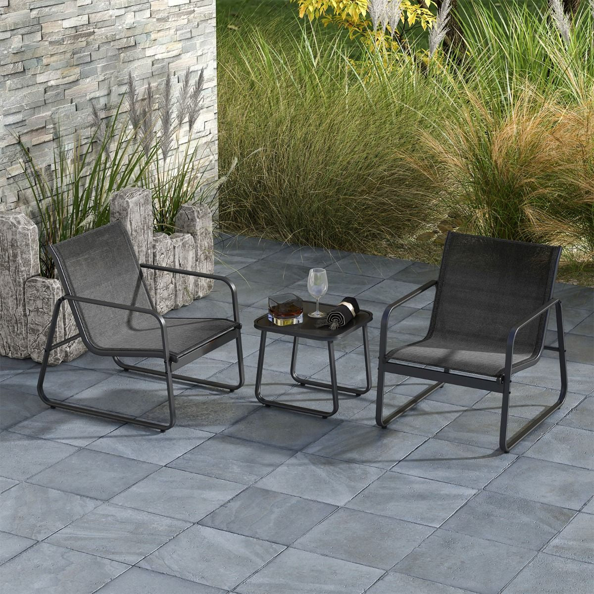 Salon De Jardin 3 PCS En Textilène Anti-Uv Table Basse En Verre Trampé Cadre En Métal Marron/Noir