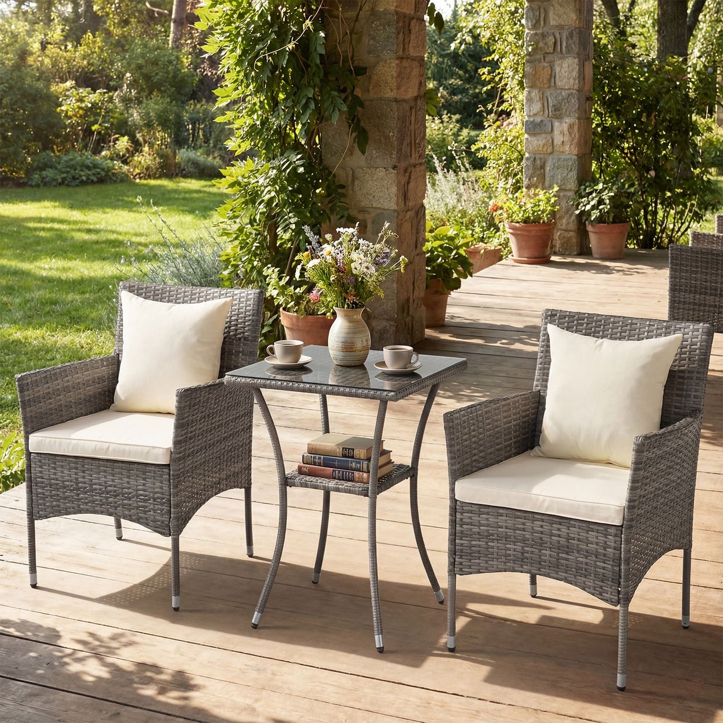 Salon De Jardin En Résine Tressée Table Et 2 Chaises Avec Coussins Et 2 Oreillers Pour Jardin Terrasse Balcon Beige/Gris