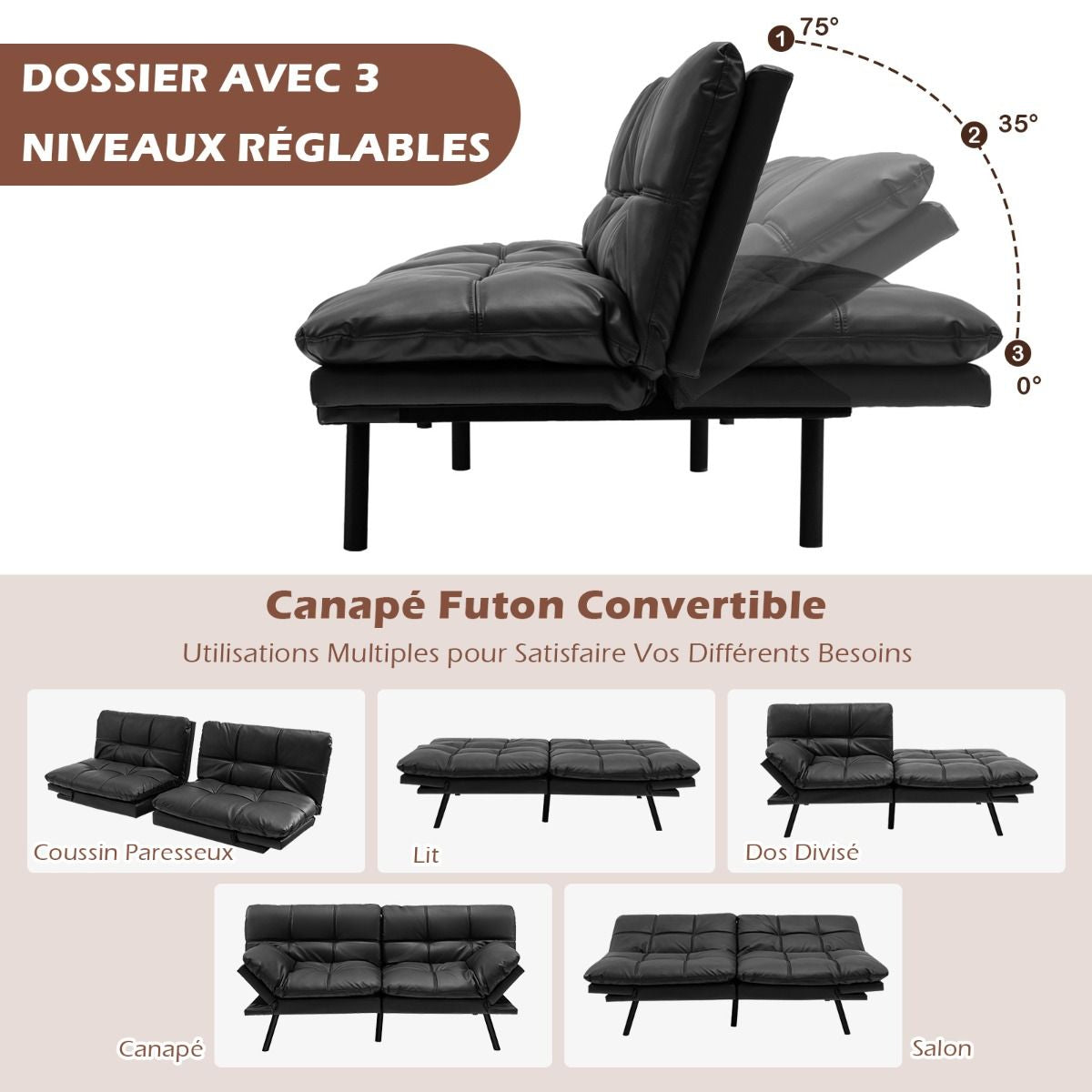 Canapé-Lit Futon Convertible En Mousse À Mémoire De Forme Avec Dossier Et Accoudoirs Réglables Canapé-Lit Futon Moderne Gris/Noir/Brun