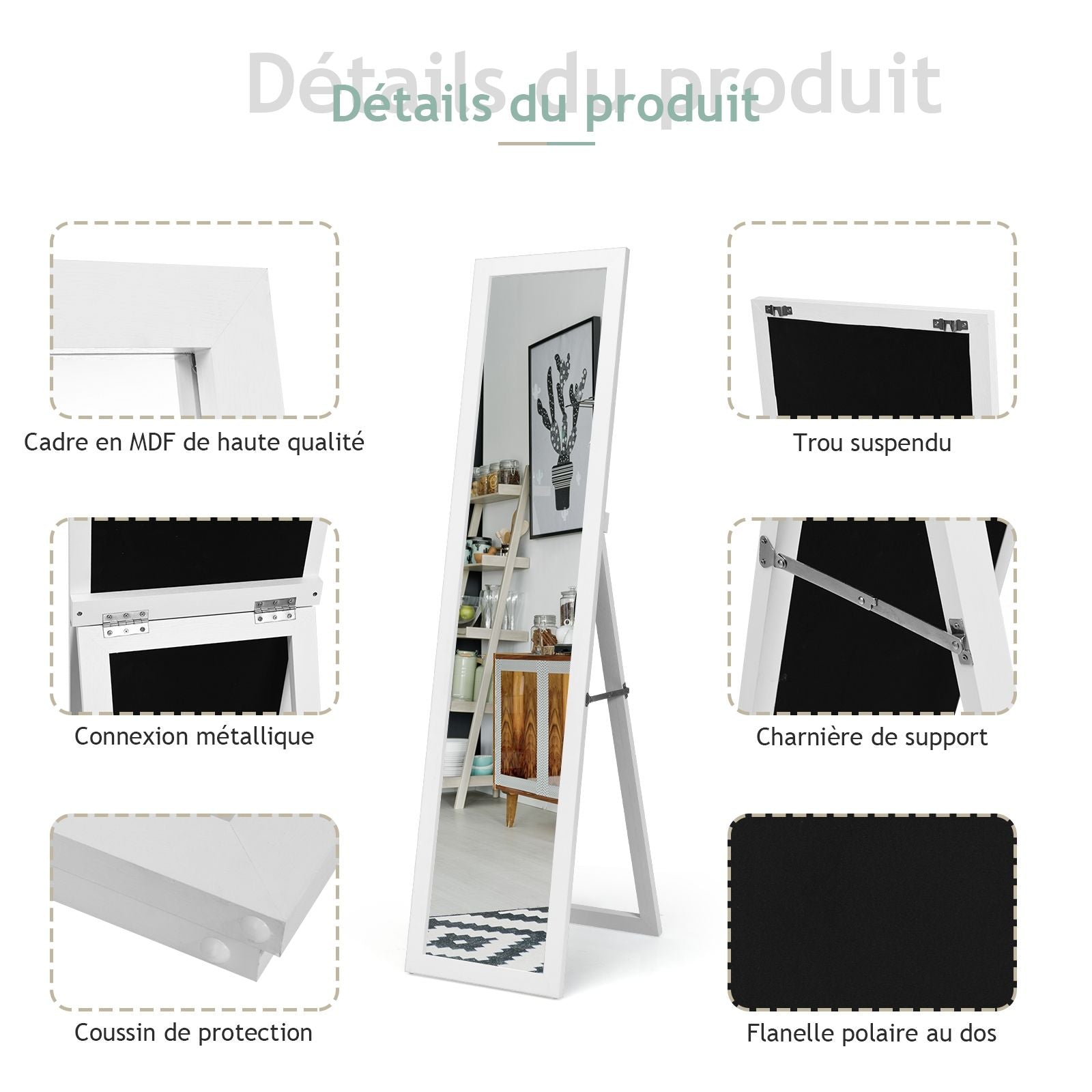 Miroir Sur Pied Psyché Miroir Autoportant Rectangulaire 155 X 37 Cm Style Scandinave Moderne Blanc/Naturel/Noir