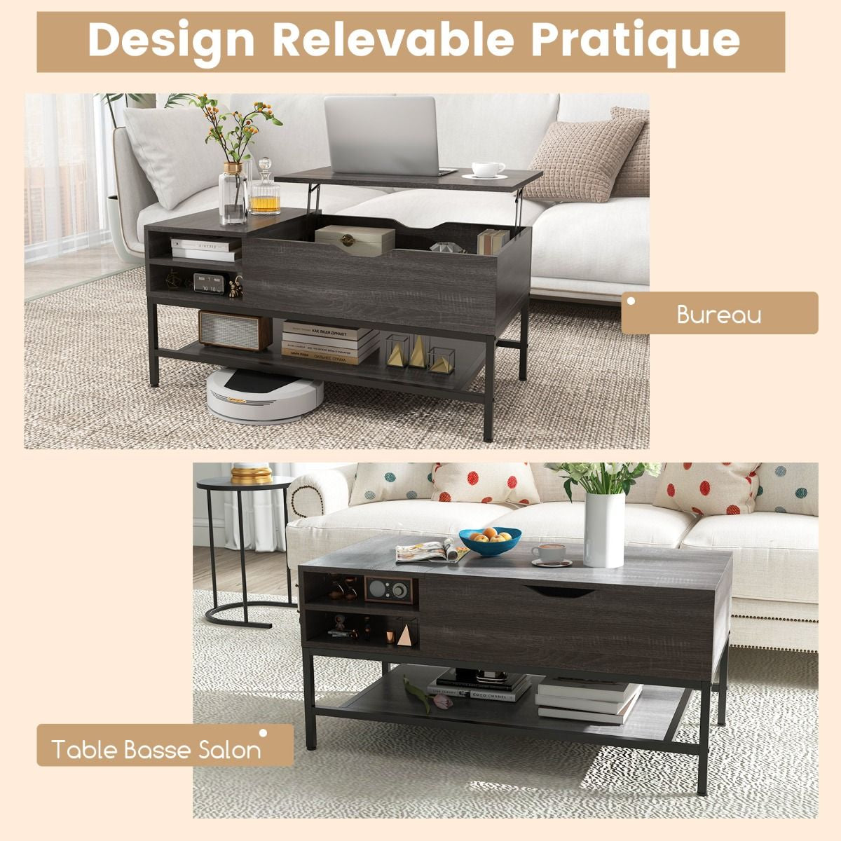 Table Basse À Plateau Relevable Table De Salon Avec Compartiment Caché Et Etagère De Rangement Amovible Table Centrale Rabattable Blanc/Gris
