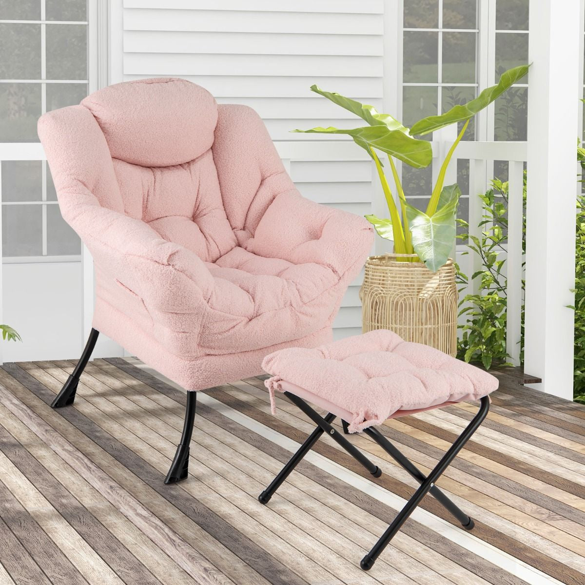 Chaise Paresseuse Avec Ottoman Fauteuil De Loisirs Rembourré Sherpa Moderne Avec Repose-Pied Pliable Coussin De Tête Beige/Gris/Rose