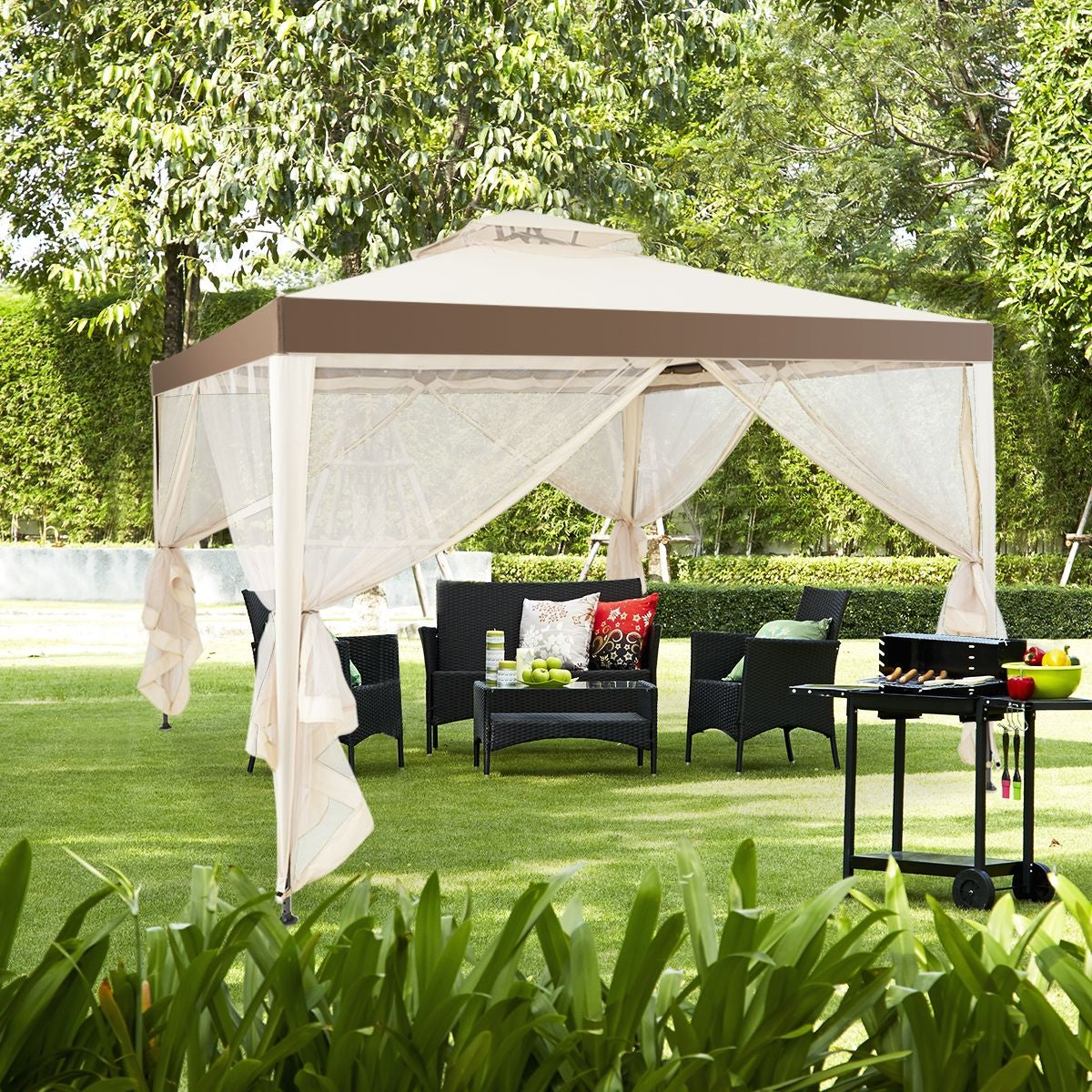 Tente De Réception Tonnelle De Jardin Imperméable Double Toits Moustiquaire Protection UV 50+ Imperméable 3X3M Pour Terrasse Jardin Brun/Beige