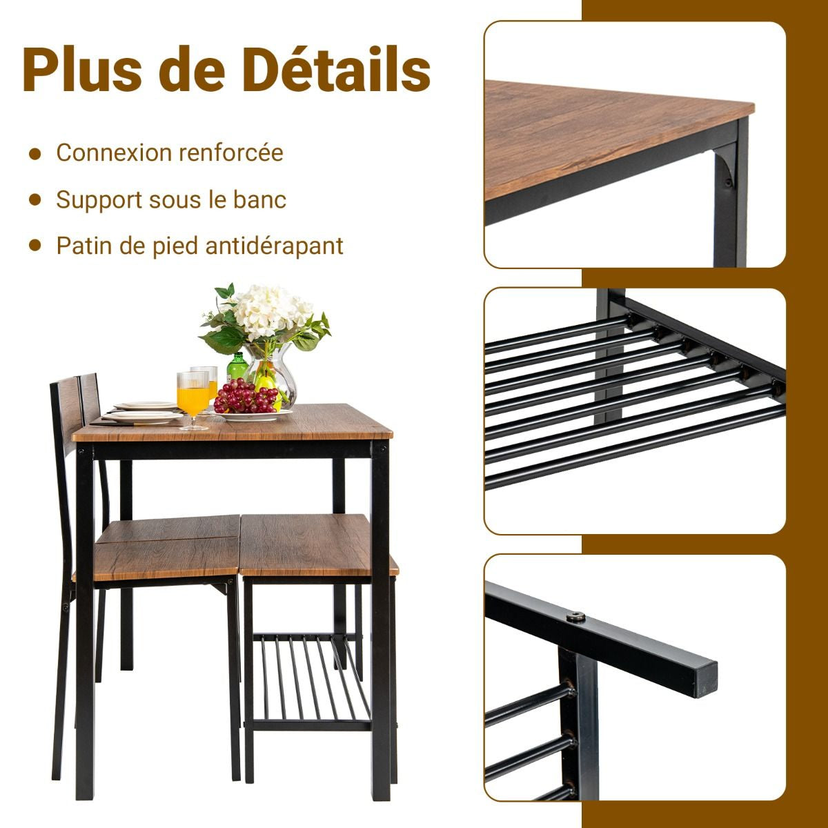 Ensemble Table Et 2 Chaise 1 Banc 4 Personnes Style Industriel Structure En Métal Pour Salle À Manger Restaurant Cuisine Marron/Gris/Café