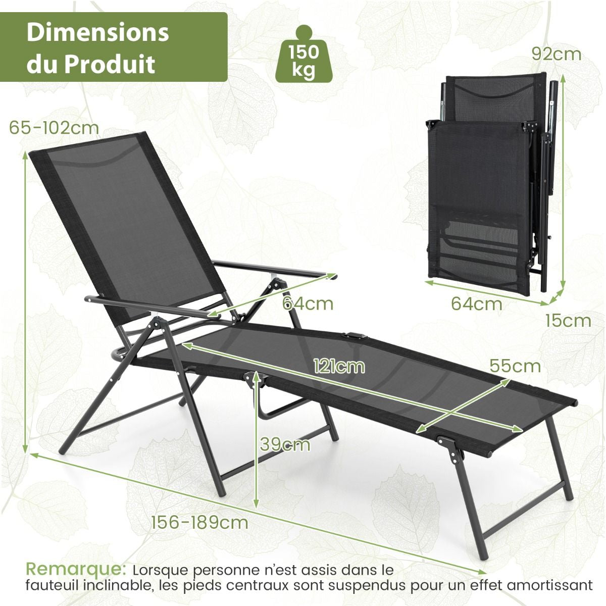 Chaises Longues Pliantes Fauteuil 2 Pièces Dossier À 6 Niveaux Tissu De Siège Respirant Cadre En Métal Solide Chaises Inclinables Réglables Gris/Noir/Café