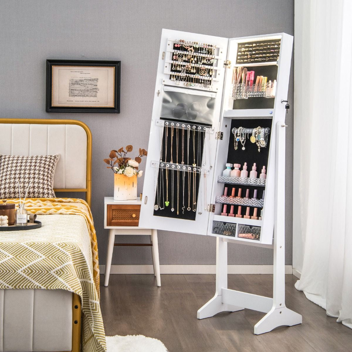 Armoire À Bijoux Sur Pied Avec Lumières LED Armoire Verrouillable Avec Miroir Pleine Longueur Éclairé Blanc/Marron Rustique/Noyer