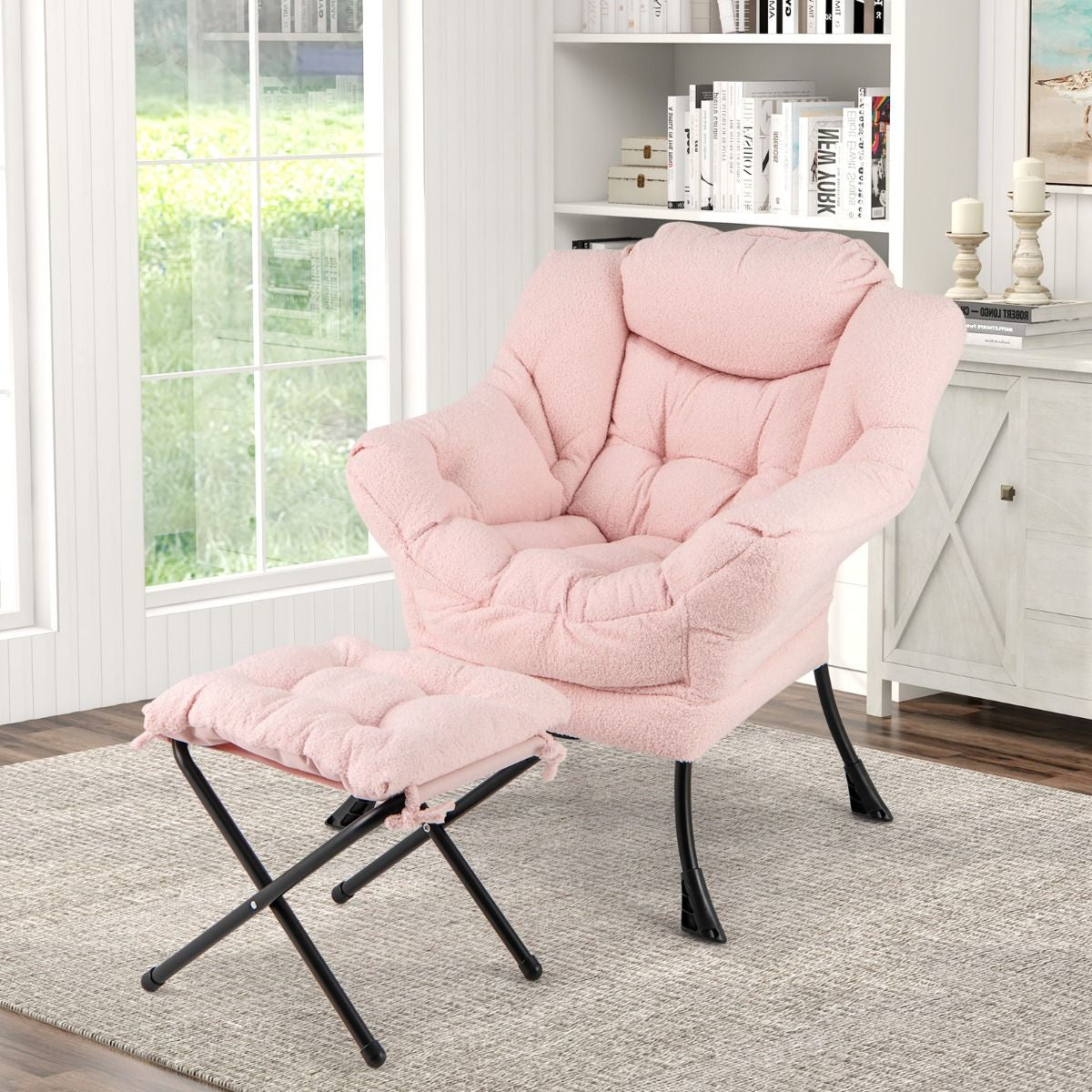 Chaise Paresseuse Avec Ottoman Fauteuil De Loisirs Rembourré Sherpa Moderne Avec Repose-Pied Pliable Coussin De Tête Beige/Gris/Rose