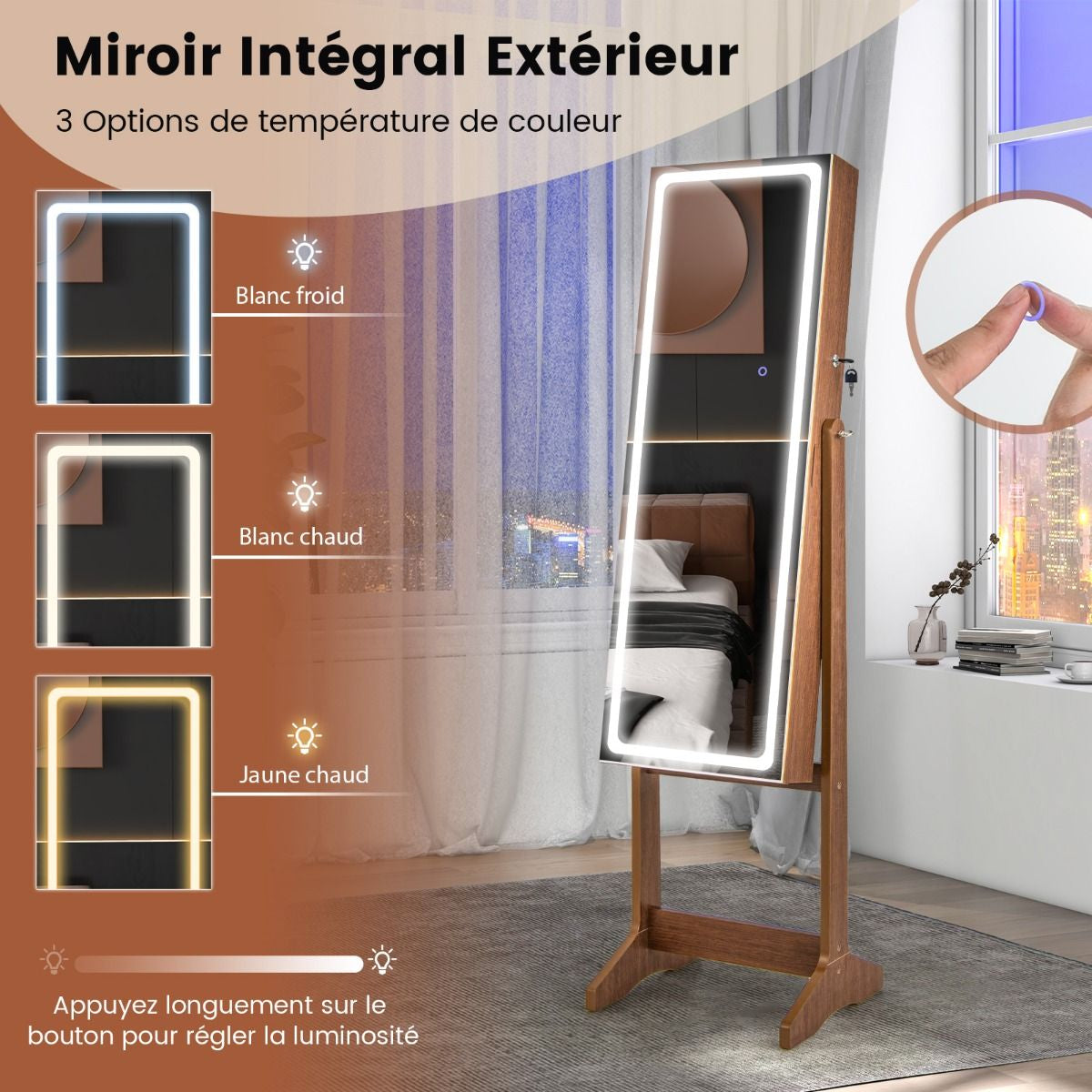 Armoire À Bijoux Sur Pied Avec Lumières LED Armoire Verrouillable Avec Miroir Pleine Longueur Éclairé Blanc/Marron Rustique/Noyer