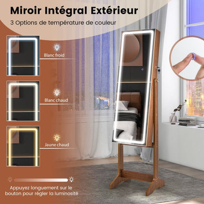 Armoire À Bijoux Sur Pied Avec Lumières LED Armoire Verrouillable Avec Miroir Pleine Longueur Éclairé Blanc/Marron Rustique/Noyer