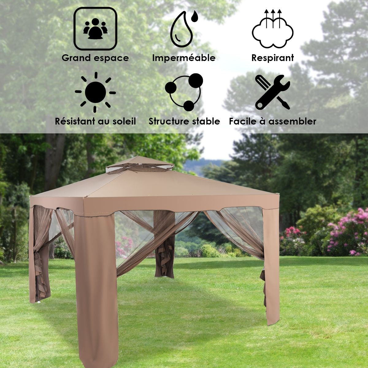 Tente De Réception Tonnelle De Jardin Imperméable Double Toits Moustiquaire Protection UV 50+ Imperméable 3X3M Pour Terrasse Jardin Brun/Beige