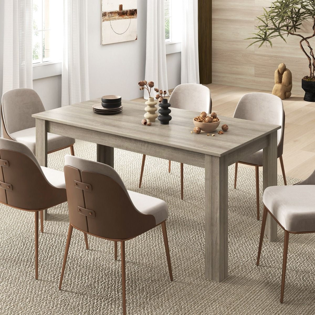 Table Salle À Manger De 160 CM Pour 6-8 Personnes Table Cuisine Rectangulaire Avec Pieds En Formes De L Robustes Table Bureau De Travail Moderne Naturel/Noir