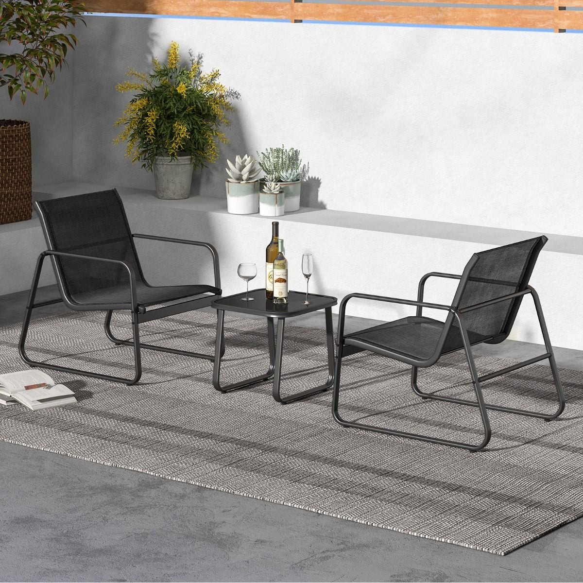 Salon De Jardin 3 PCS En Textilène Anti-Uv Table Basse En Verre Trampé Cadre En Métal Marron/Noir