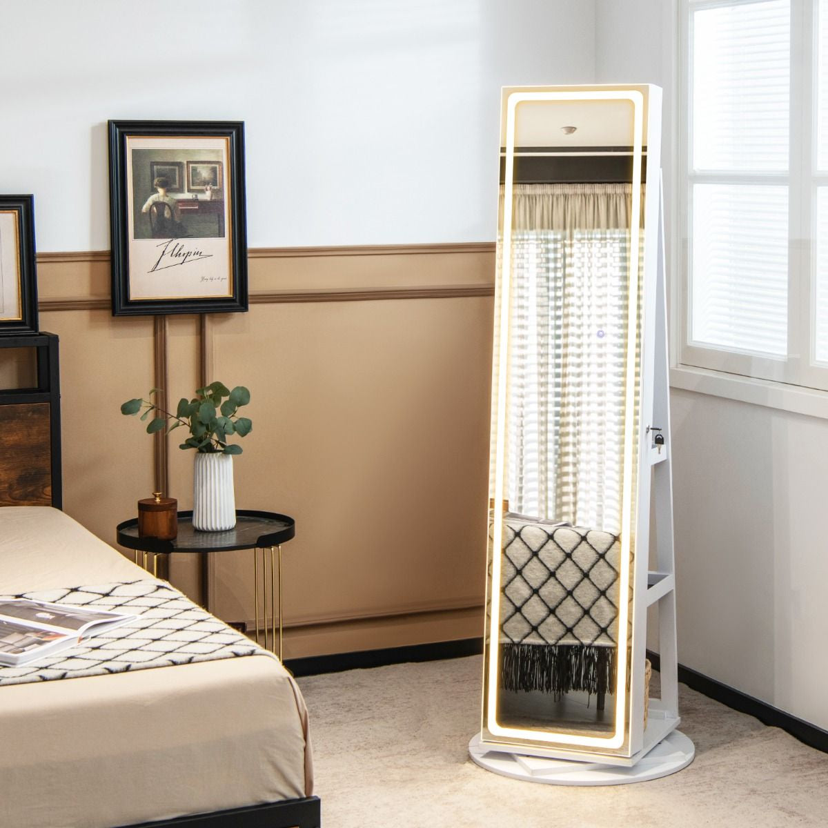 Armoire À Bijoux Avec Miroir Sur Pieds Pivotant 360° Grand Miroir Psyché Sans Cadre Avec LED Verrouillable Placard Beauté 3 Étagères Blanc/Café