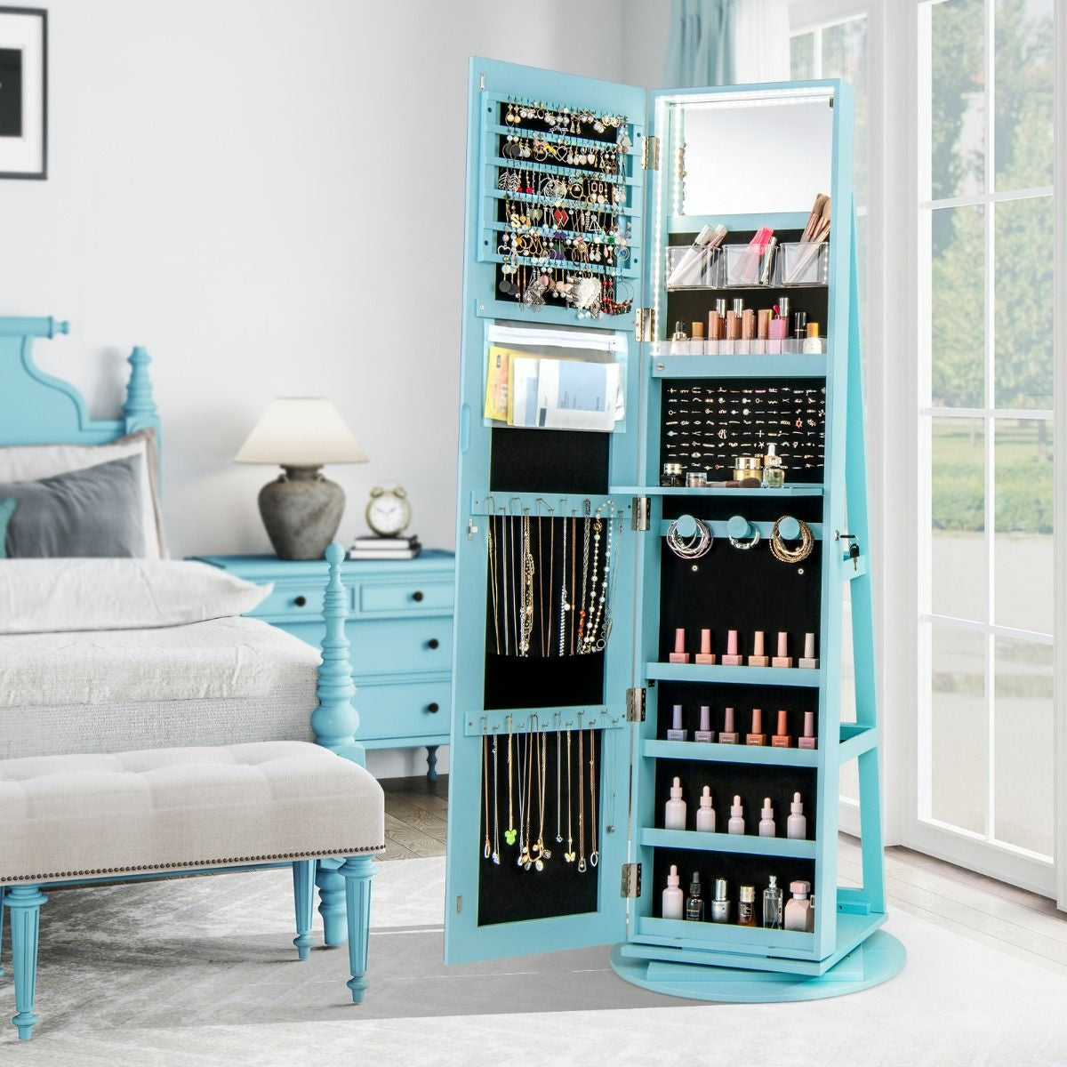 Armoire À Bijoux Pivotante À 360°Avec Lumières LED 3 Couleurs Miroir Pleine Longueur Et Étagère 3 Niveaux En Arrière 10 Couleurs Au Choix