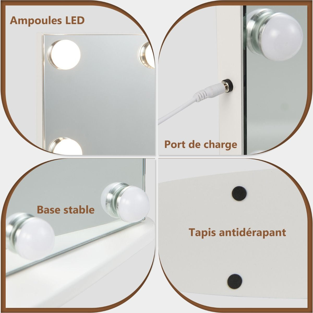 Miroir Maquillage Hollywood-18 Ampoules LED Tactile Grossissement 3X Éclairage Blanc Froid/Chaud/Neutre