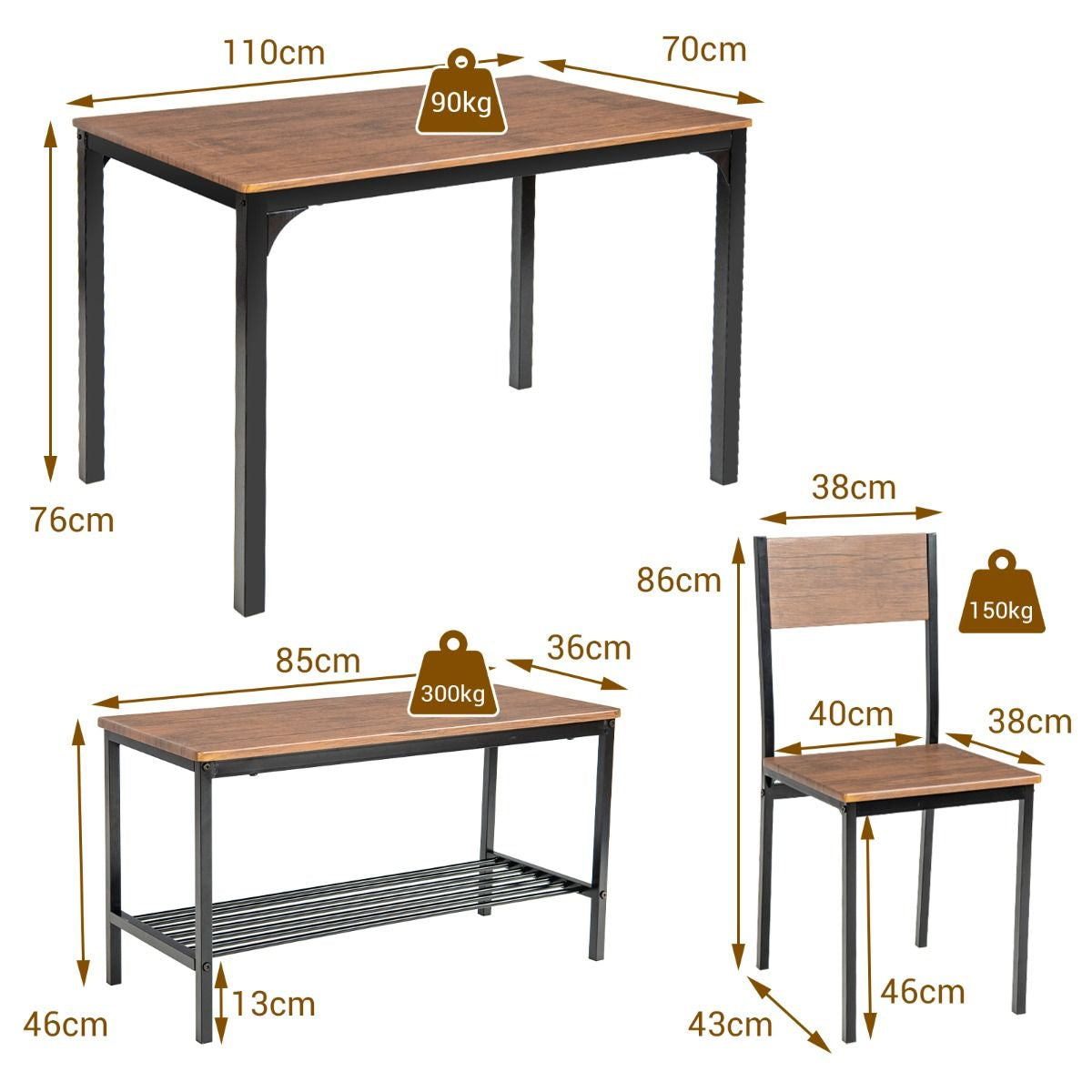 Ensemble Table Et 2 Chaise 1 Banc 4 Personnes Style Industriel Structure En Métal Pour Salle À Manger Restaurant Cuisine Marron/Gris/Café