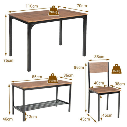 Ensemble Table Et 2 Chaise 1 Banc 4 Personnes Style Industriel Structure En Métal Pour Salle À Manger Restaurant Cuisine Marron/Gris/Café