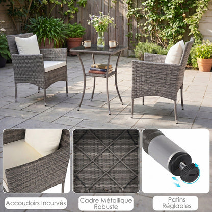 Salon De Jardin En Résine Tressée Table Et 2 Chaises Avec Coussins Et 2 Oreillers Pour Jardin Terrasse Balcon Beige/Gris
