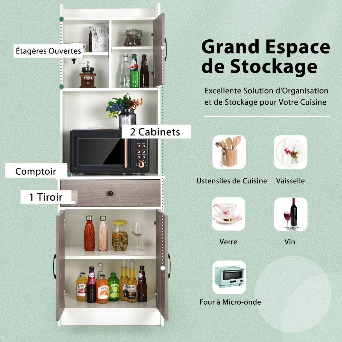 Buffet De Cuisine Meuble Cuisine Rangement Avec 3 Portes Et 1 Niche De Rangement Passe-Câble 60 X 40 X 180 CM Noir/Blanc