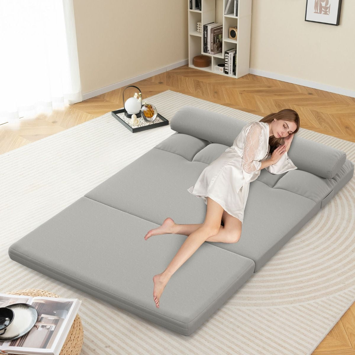 Canapé Lit Convertible En Velours Pliable Dossier Réglable À 6 Niveaux Avec 2 Coussins Gris Clair/Gris Foncé