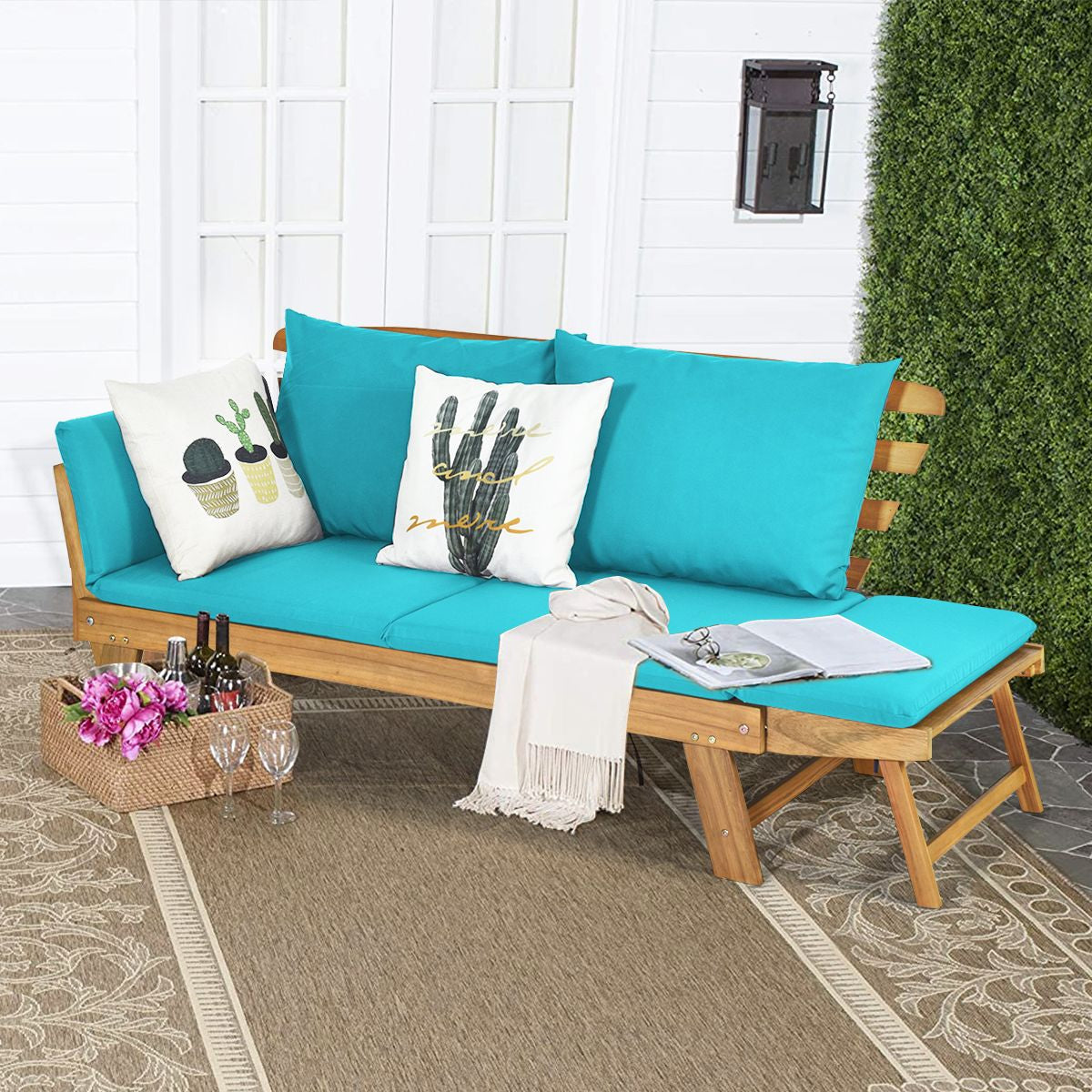 Chaise Longue Convertible Avec Coussin Canapé De Jardin 2 En 1 En Bois D’Acacia Avec Accoudoir Réglable 4 Couleurs Au Choix