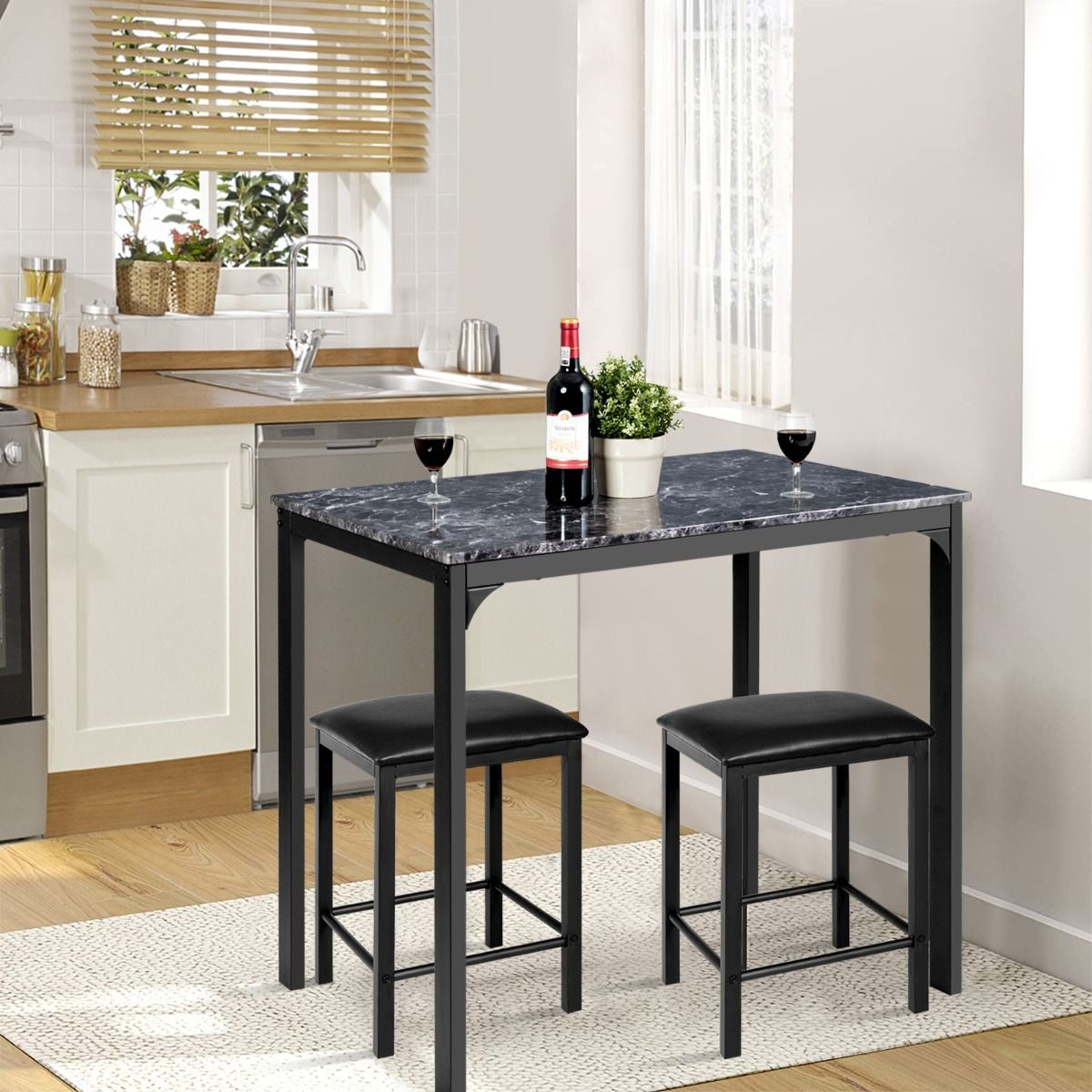 Table Haute Cuisine Avec 2 Tabourets Table Bar Cuisine Cadre En Métal Mange-Debout Industriel Pour Bistro Salle À Manger Cuisine Blanc/Café/Noir