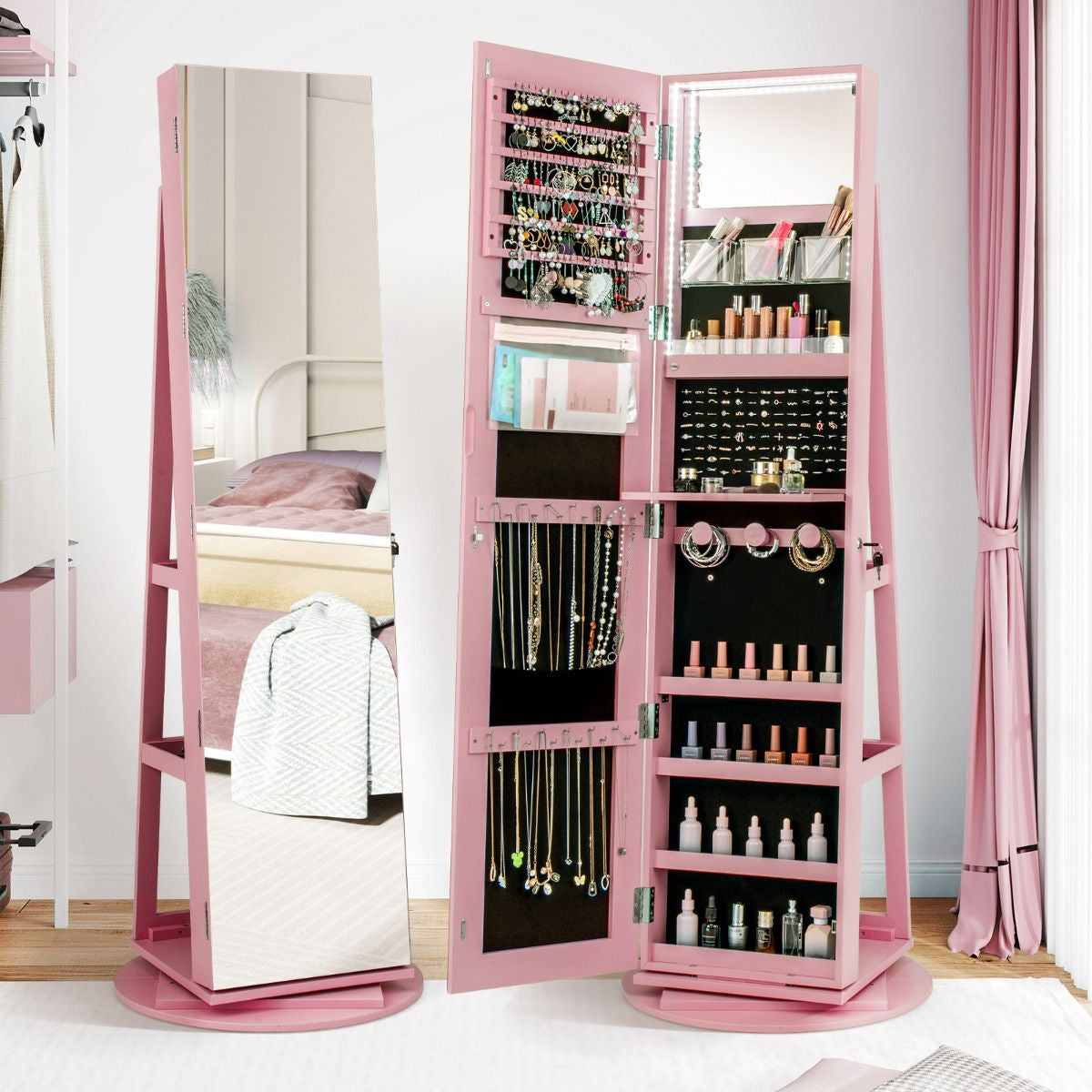 Armoire À Bijoux Pivotante À 360°Avec Lumières LED 3 Couleurs Miroir Pleine Longueur Et Étagère 3 Niveaux En Arrière 10 Couleurs Au Choix
