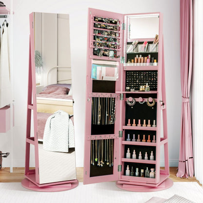 Armoire À Bijoux Pivotante À 360°Avec Lumières LED 3 Couleurs Miroir Pleine Longueur Et Étagère 3 Niveaux En Arrière 10 Couleurs Au Choix