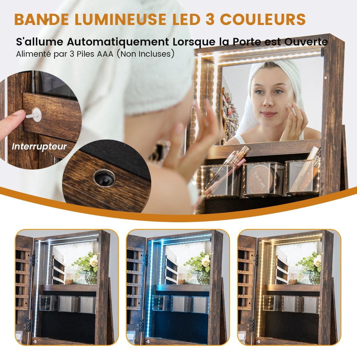 Armoire À Bijoux Pivotante À 360°Avec Lumières LED 3 Couleurs Miroir Pleine Longueur Et Étagère 3 Niveaux En Arrière 10 Couleurs Au Choix