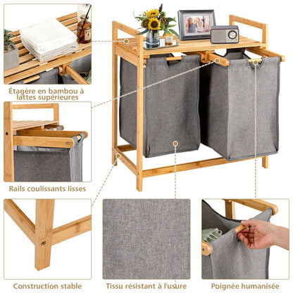 Panier À Linge Sur Pied En Bambou 64 X 33 X 73 CM Avec 2 Sacs À Linge Sale Poignées Et Étagère Supérieure Naturel/Blanc