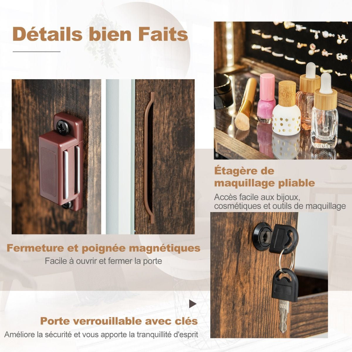Armoire À Bijoux Avec Miroir Sur Pieds Pivotant 360° Grand Miroir Psyché Sans Cadre Avec LED Verrouillable Placard Beauté 3 Étagères Blanc/Café