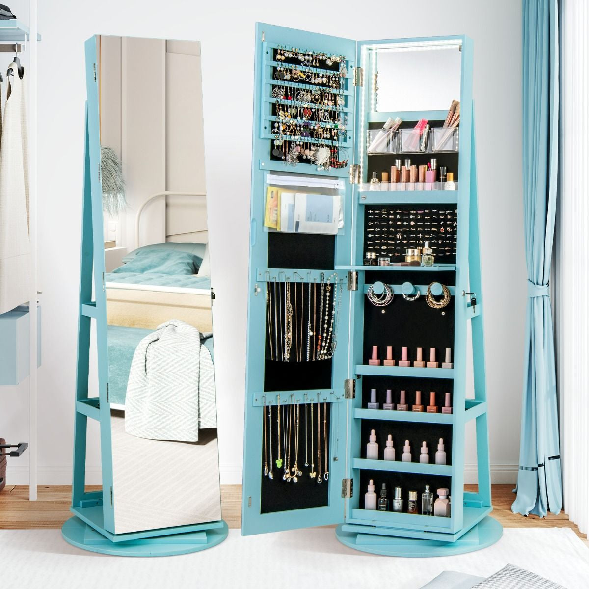 Armoire À Bijoux Pivotante À 360°Avec Lumières LED 3 Couleurs Miroir Pleine Longueur Et Étagère 3 Niveaux En Arrière 10 Couleurs Au Choix