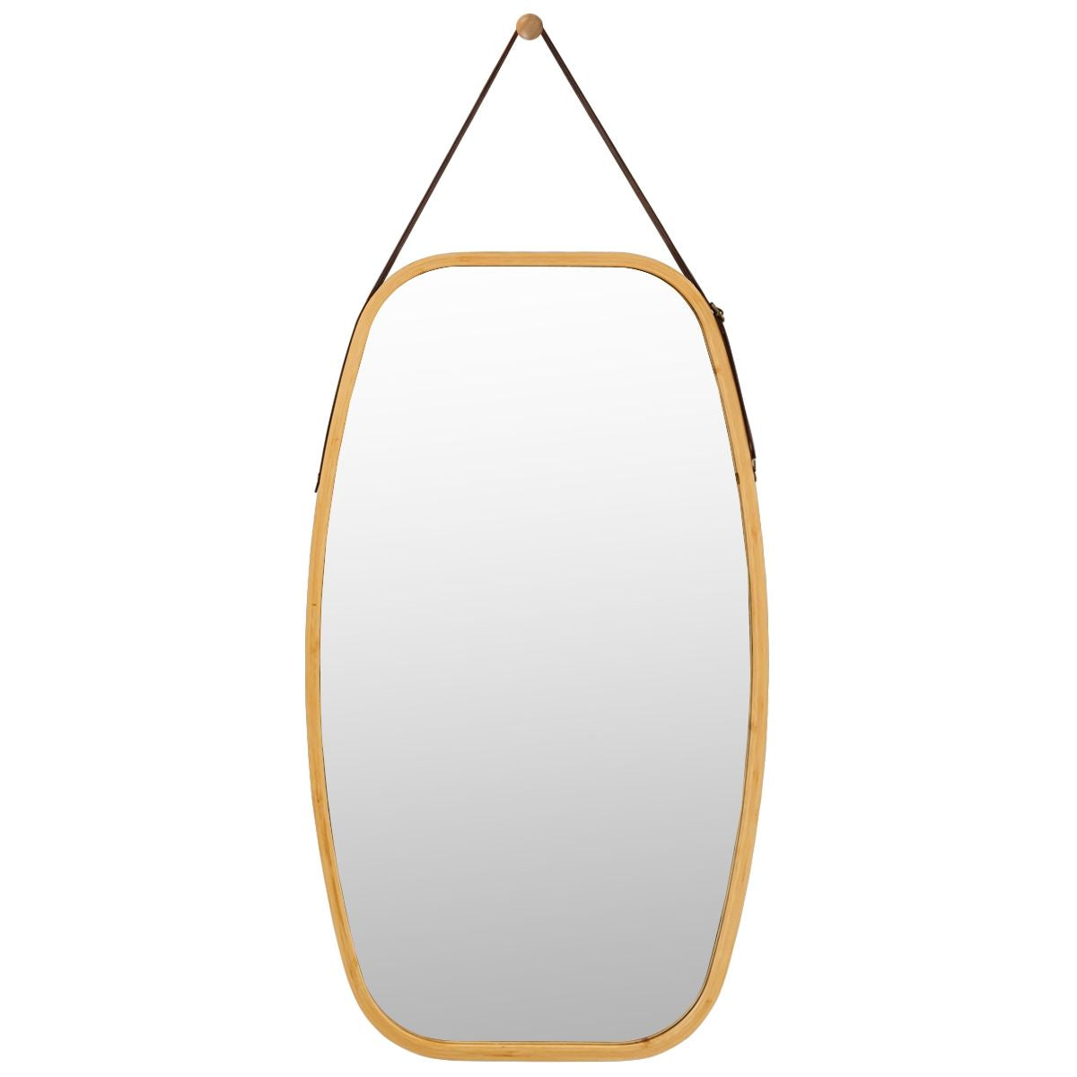 Miroir Mural Suspendu Avec Cadre En Bambou Et Sangle En Cuir Réglable Coin Arrondi 77 X 44 X 1,5Cm
