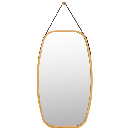 Miroir Mural Suspendu Avec Cadre En Bambou Et Sangle En Cuir Réglable Coin Arrondi 77 X 44 X 1,5Cm