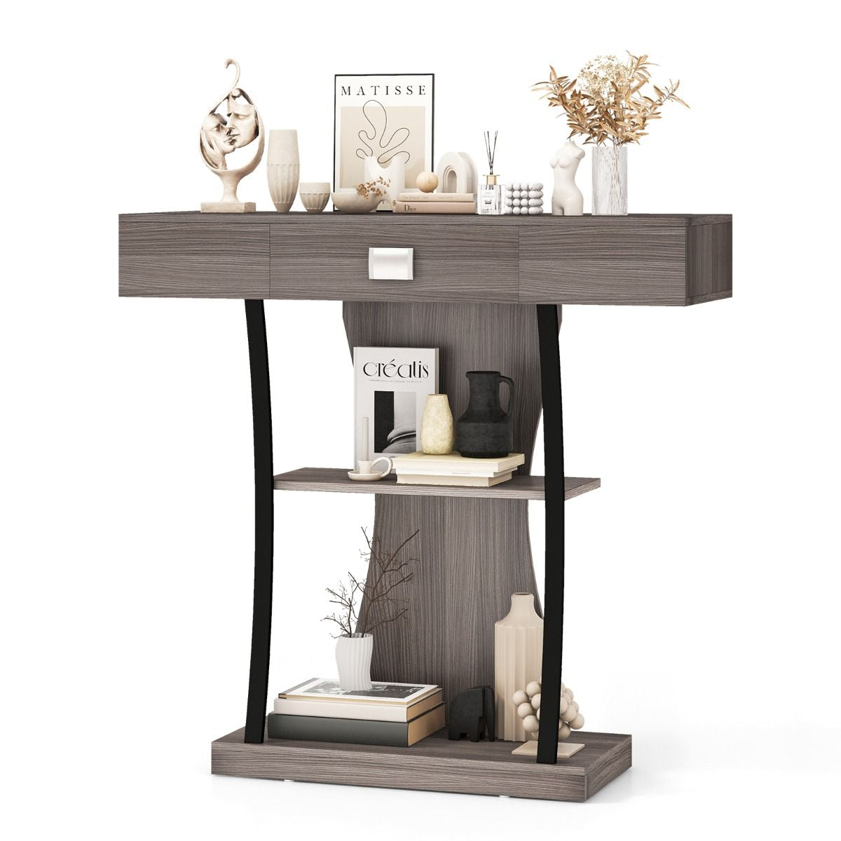 Table Console 3 Étagères Meuble D'Entrée L91 X P30 X H88 Style Scandinave Dispositif Anti-Renversement Brun Rustique/Noir/Gris