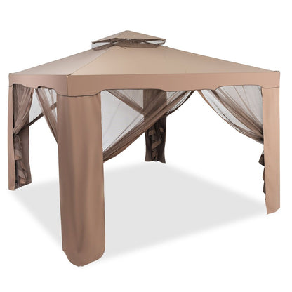 Tente De Réception Tonnelle De Jardin Imperméable Double Toits Moustiquaire Protection UV 50+ Imperméable 3X3M Pour Terrasse Jardin Brun/Beige