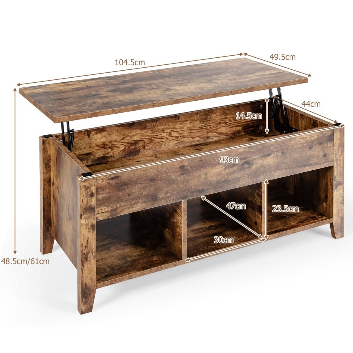 Table Basse Avec Plateau Relevable Noir 105 X 52 X 49 CM Avec Trois Compartiments Pour Rangement Design Contemporain Marron/Noir