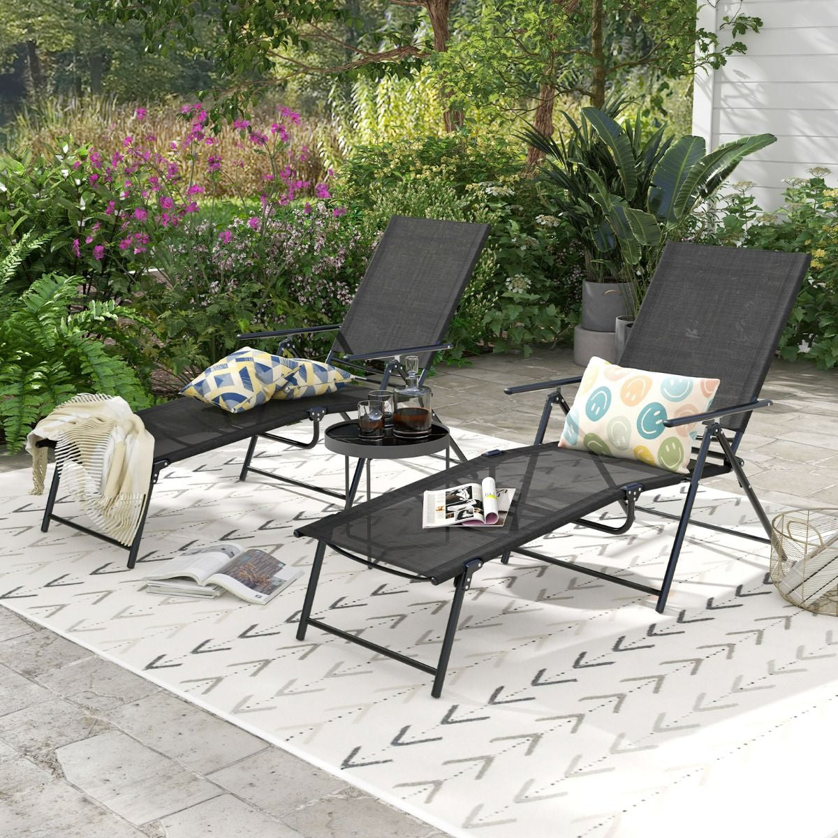 Chaises Longues Pliantes Fauteuil 2 Pièces Dossier À 6 Niveaux Tissu De Siège Respirant Cadre En Métal Solide Chaises Inclinables Réglables Gris/Noir/Café