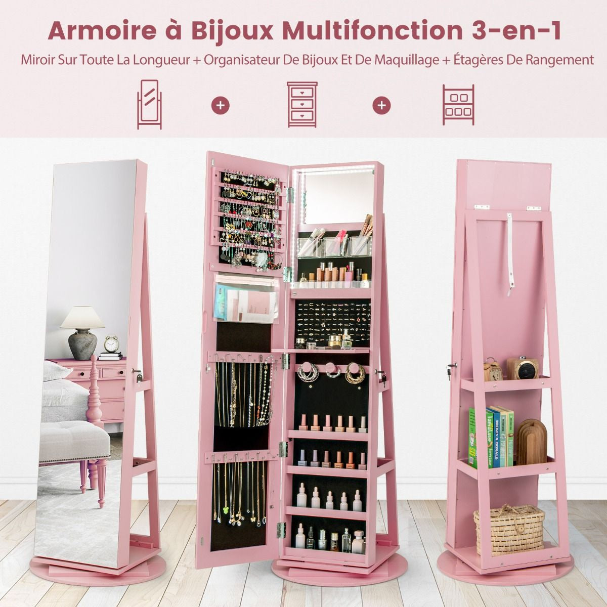 Armoire À Bijoux Pivotante À 360°Avec Lumières LED 3 Couleurs Miroir Pleine Longueur Et Étagère 3 Niveaux En Arrière 10 Couleurs Au Choix