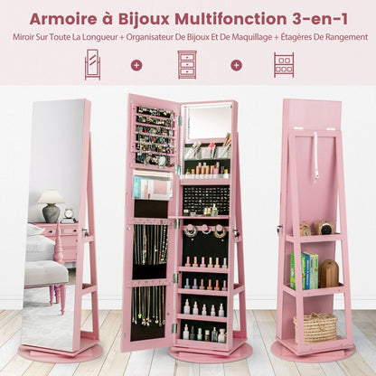Armoire À Bijoux Pivotante À 360°Avec Lumières LED 3 Couleurs Miroir Pleine Longueur Et Étagère 3 Niveaux En Arrière 10 Couleurs Au Choix