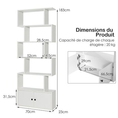 Bibliothèque Étagère Échelle En Bois À 6 Niveaux Avec 2 Portes 70X23X183 Cm Style Moderne Forme En S Marron Rustique/Blanc/Noir