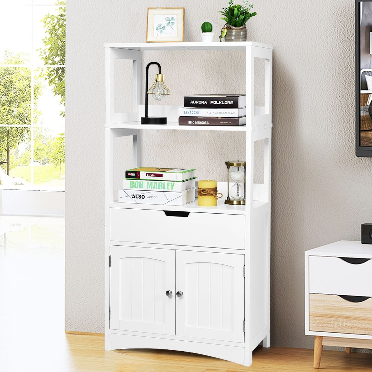 Armoire De Salle De Bain Avec 2 Portes 1 Tiroir 3 Etagères Ouvertes Capacité 70 Kg En Mdf 32,5X60X122Cm Blanc/Noir/Gris