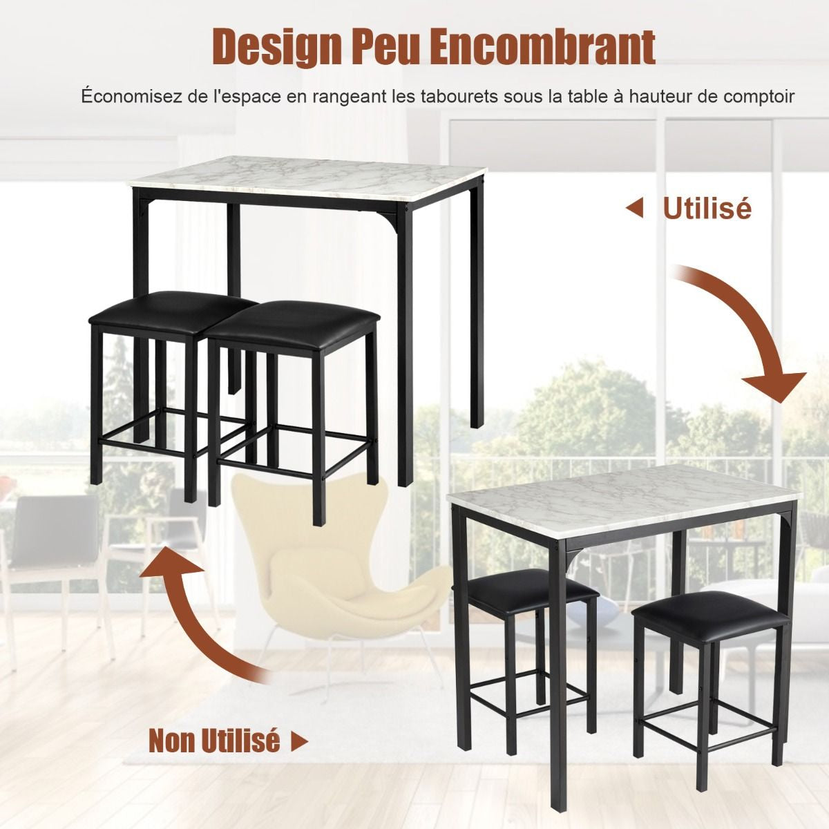 Table Haute Cuisine Avec 2 Tabourets Table Bar Cuisine Cadre En Métal Mange-Debout Industriel Pour Bistro Salle À Manger Cuisine Blanc/Café/Noir