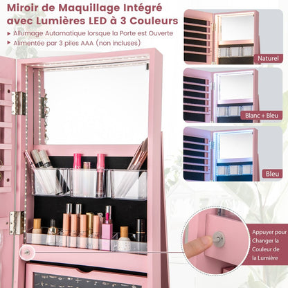 Armoire À Bijoux Pivotante À 360°Avec Lumières LED 3 Couleurs Miroir Pleine Longueur Et Étagère 3 Niveaux En Arrière 10 Couleurs Au Choix