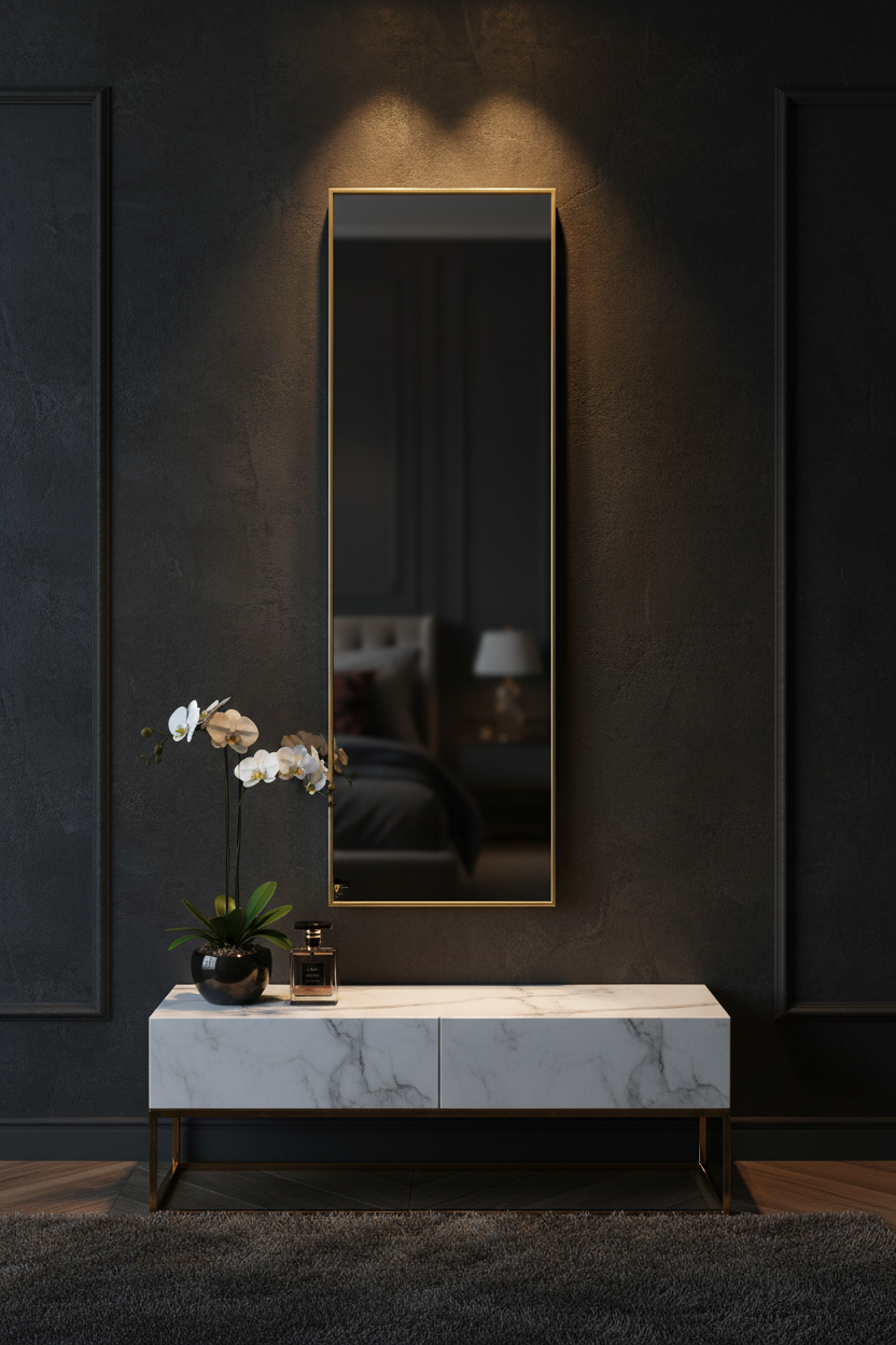 Miroir mural rectangulaire pleine longueur cadre aluminium or luxe Fériona