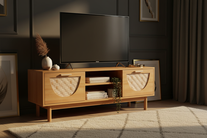 Meuble TV bambou tressé blanc naturel luxe Fériona