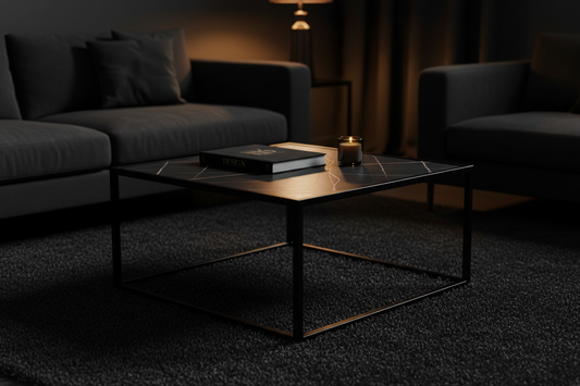 Table basse carrée faux marbre acier noir mat luxe Fériona
