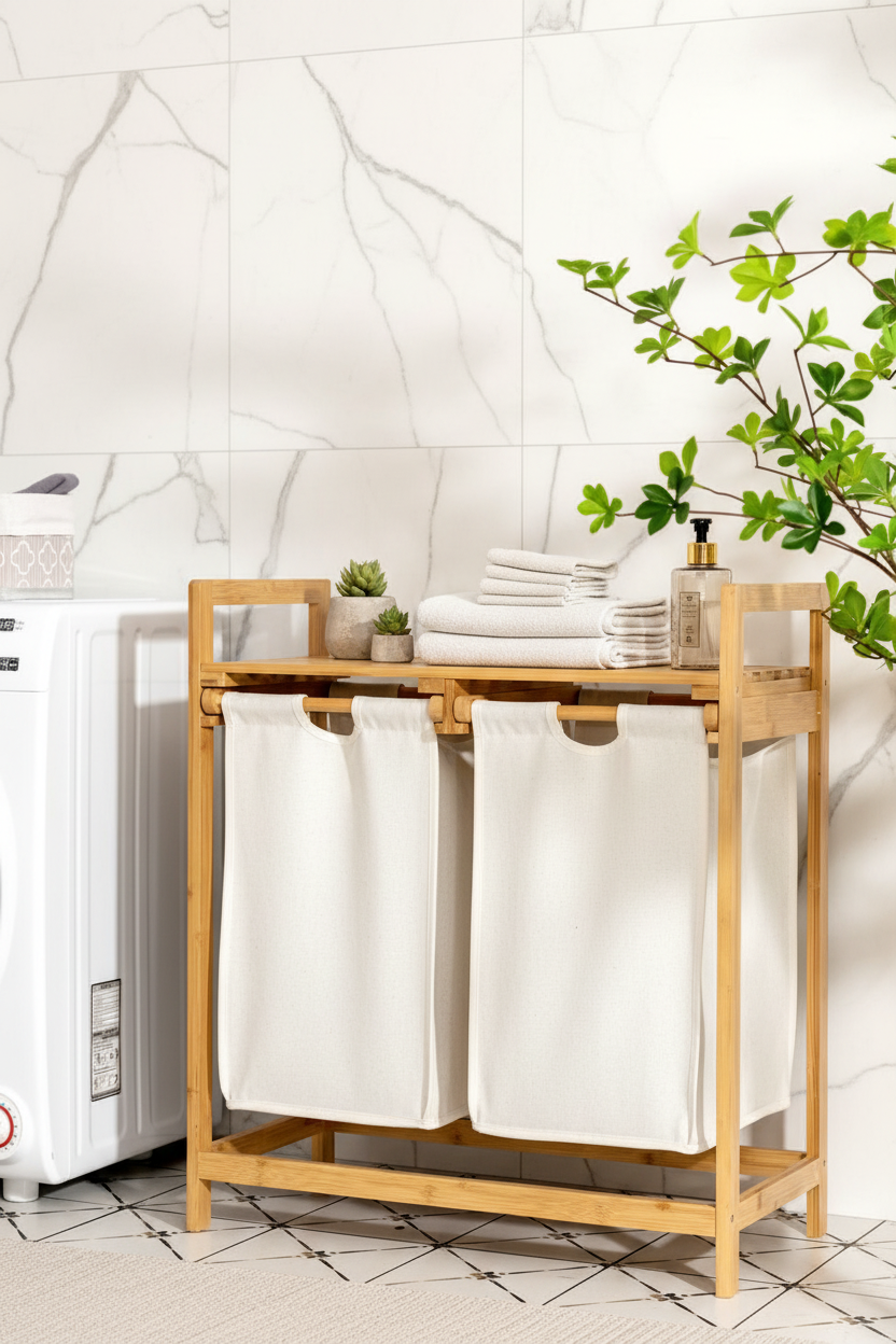 Panier à linge bambou 2 compartiments étagère luxe Fériona