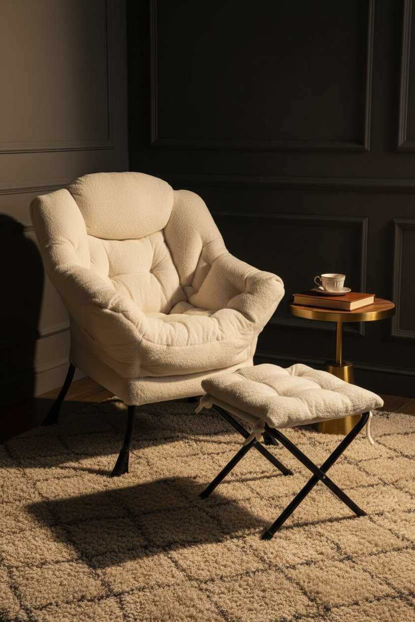 Fauteuil sherpa beige ottoman pliable luxe Fériona