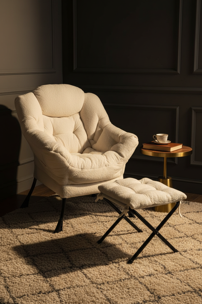 Fauteuil sherpa beige ottoman pliable luxe Fériona